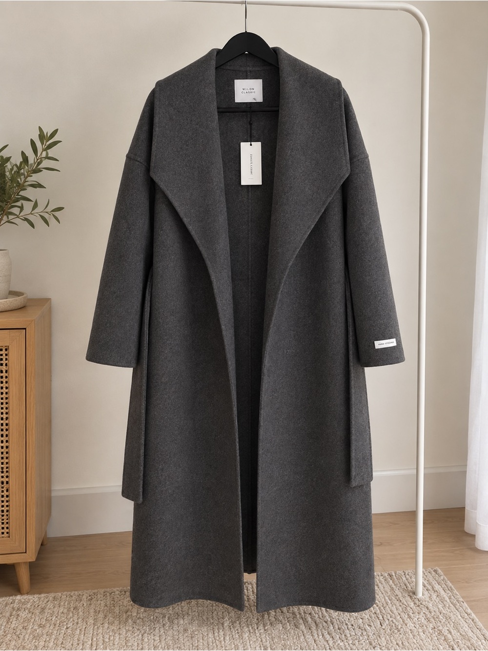 Wool-Blend Open Front Oversized Coat - Charcoal Grey
